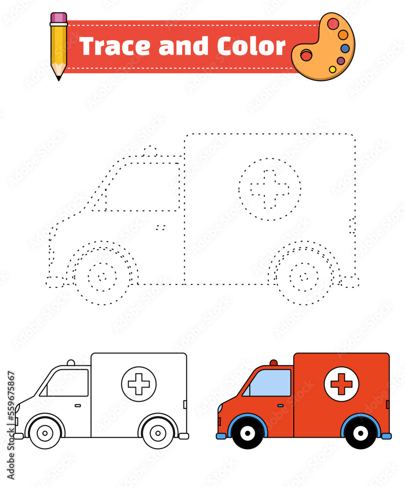 Trace and color for children, coloring page or book, ambulance vector