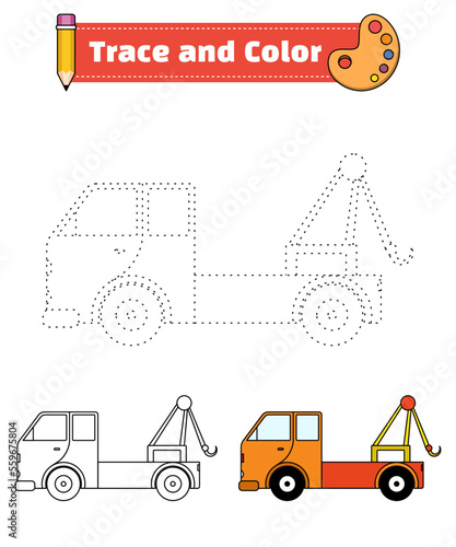Trace and color for children, coloring page or book, tow truck vector illustration. Isolated white background.