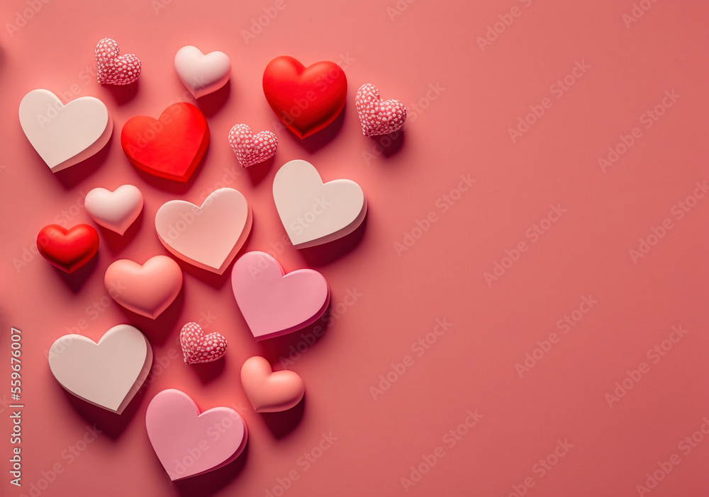 Fototapeta premium Valentine's day background with red and pink hearts on pink background