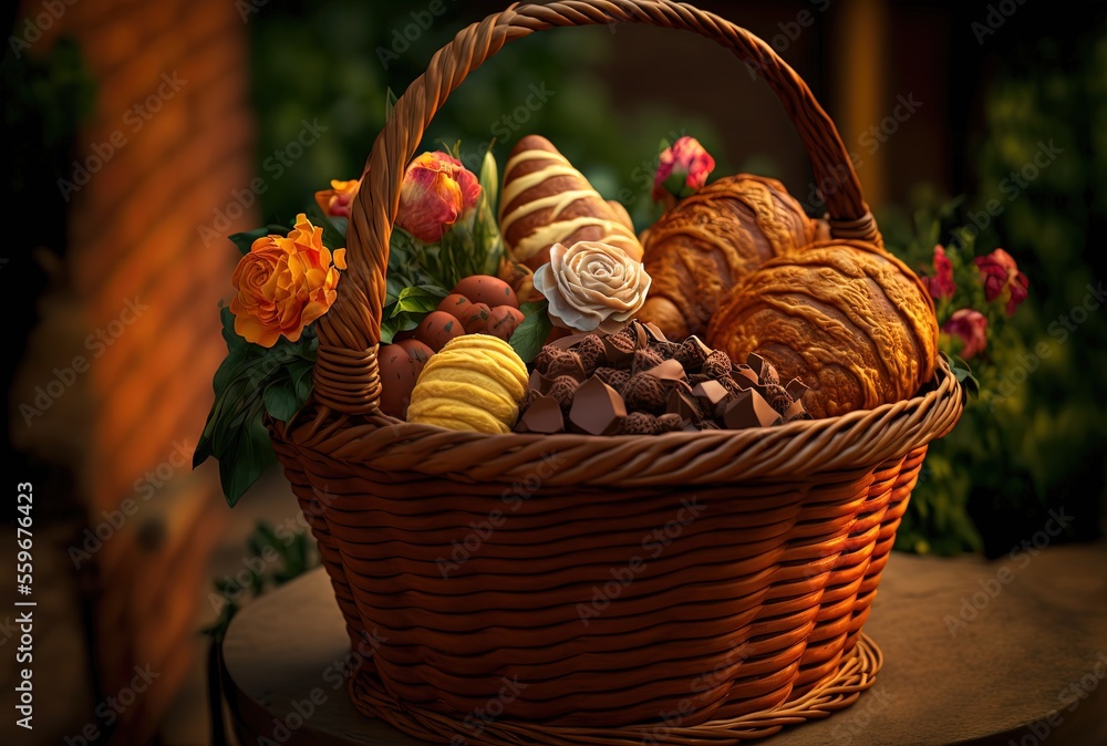 illustration of pastry wooden basket full of bread and sweet on table with outdoor nature background 