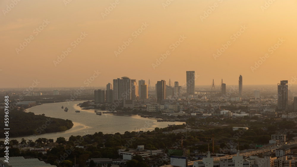 Landscape of the office building with sunset at bangkok,Thailand. Cityscape of the capital of Thailand in the evening.
