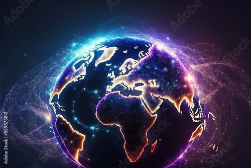 Fotografia a stylized image of the earth with a blue and purple background and a blue and orange background with a blue and orange dotted line of lines and dots and dots on the top of the