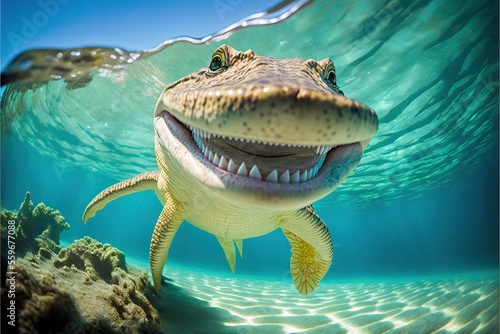  a large alligator swimming in the ocean with a smile on its face and mouth, with a fish swimming in the water behind it, and a blue sky above the water surface, with. Generative AI photo