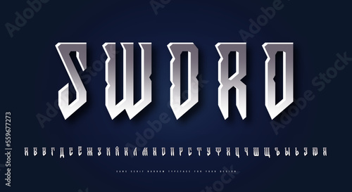 Silver colored and metal chrome cyrillic sans serif font in viking style