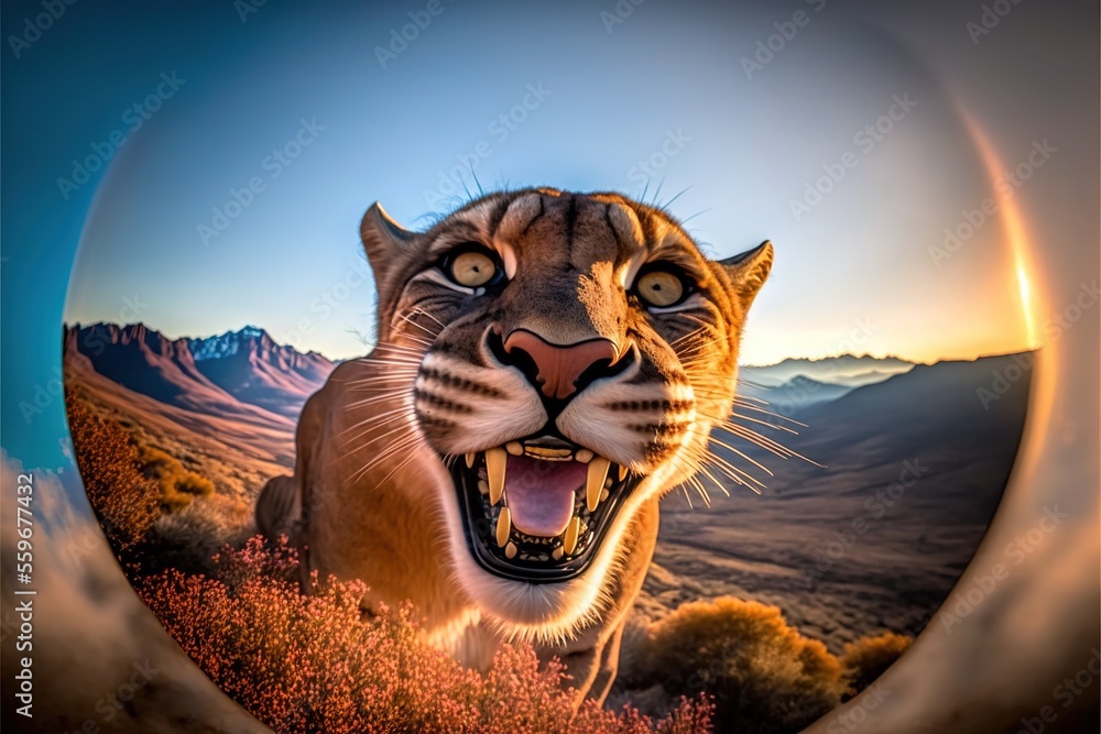 a picture of a mountain lion with its mouth open and a mountain in the ...