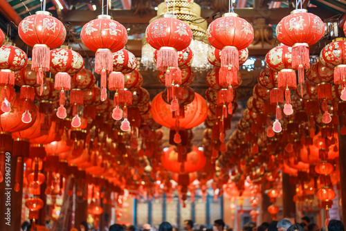 Photography Chinese red Lanterns in temple, happy Lunar New Year holiday