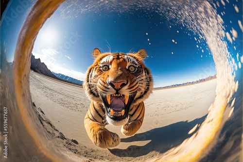 Fototapeta a tiger is running through a tunnel of water and sand with its mouth open and tongue out, with a mountain in the background, and a blue sky with white clouds, and a