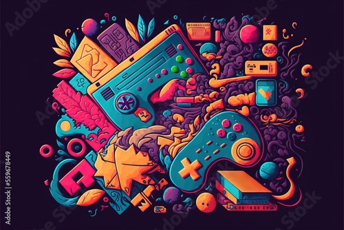 a colorful illustration of a video game console surrounded by objects and objects on a black background with a purple background., generative ai photo