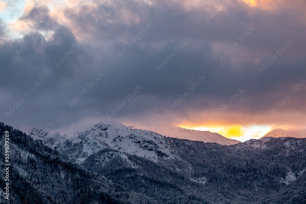 Fototapeta premium Sunrise in mountains, Bohinj valley, Slovenia