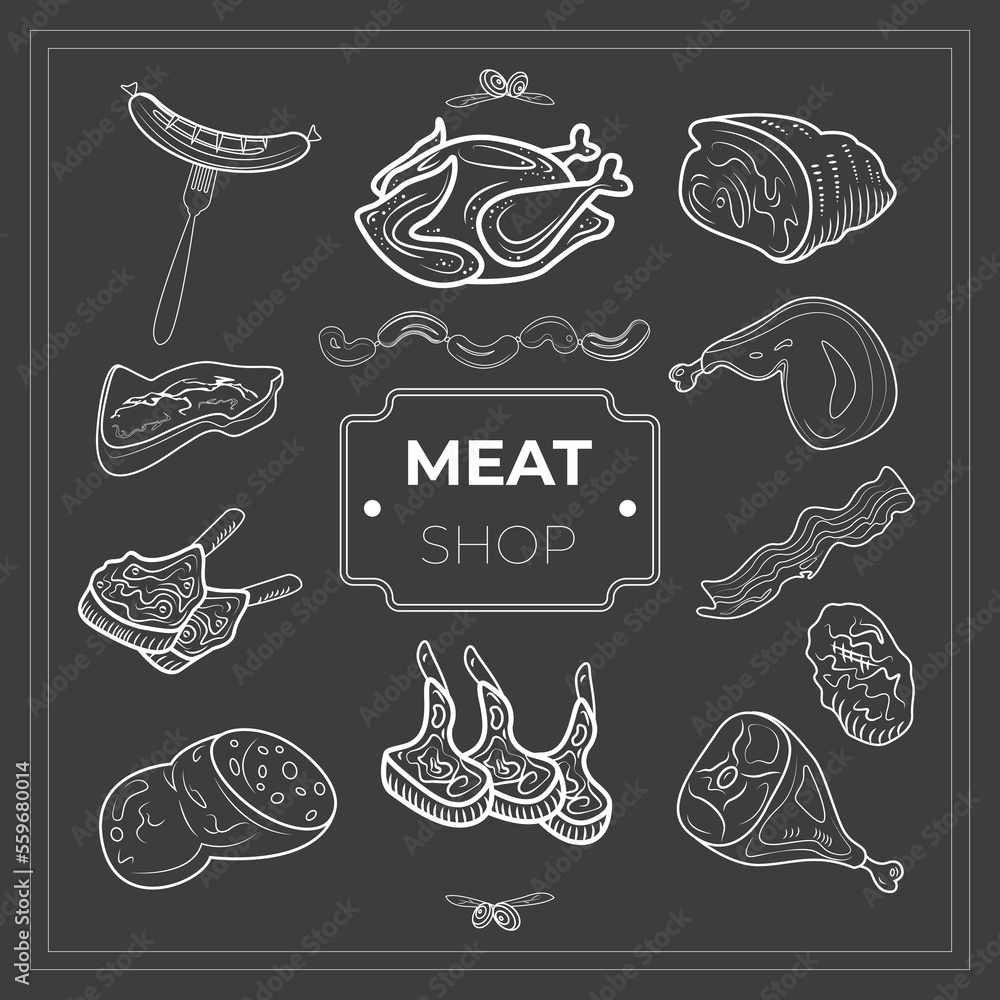 Vector Outline icons set about meat, chicken and sausage. Gastronomic meat products in Outline style.
Vector Outline icons set about meat, chicken and sausage. Gastronomic meat products in Outline style.