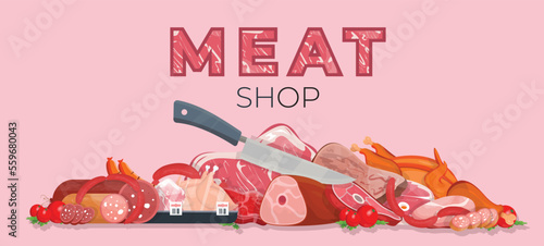 Fresh meat products set with knife - perfect for cooking recipes and meal ideas. Includes steak, pork, chicken, and other cuts of meat.
