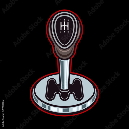 Car transmission, gear lever stick, automobile part vector colored illustration on dark background