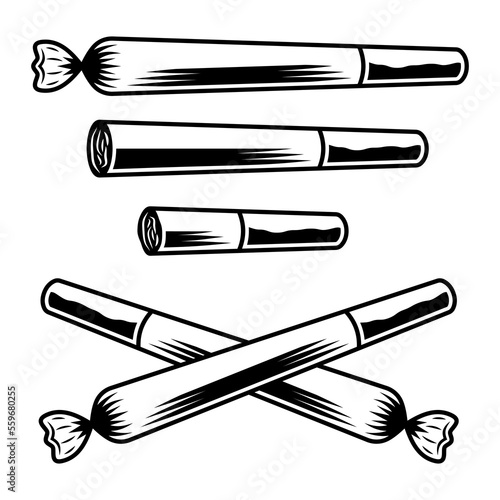 Smolder and rolled joints or cigarettes with marijuana vector objects or design elements in monochrome style isolated on white background