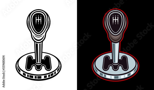 Car transmission, gear lever stick, automobile part vector illustration in two styles black on white and colorful on dark background