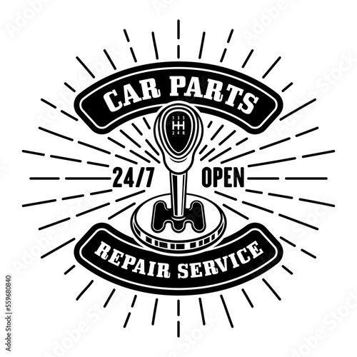 Car repair service vector vintage emblem, logo, label, badge with car transmission, gear lever stick isolated on white background