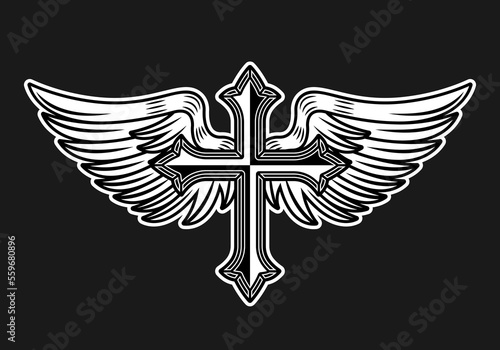 Cross with angel wings tattoo style vector illustration on black background