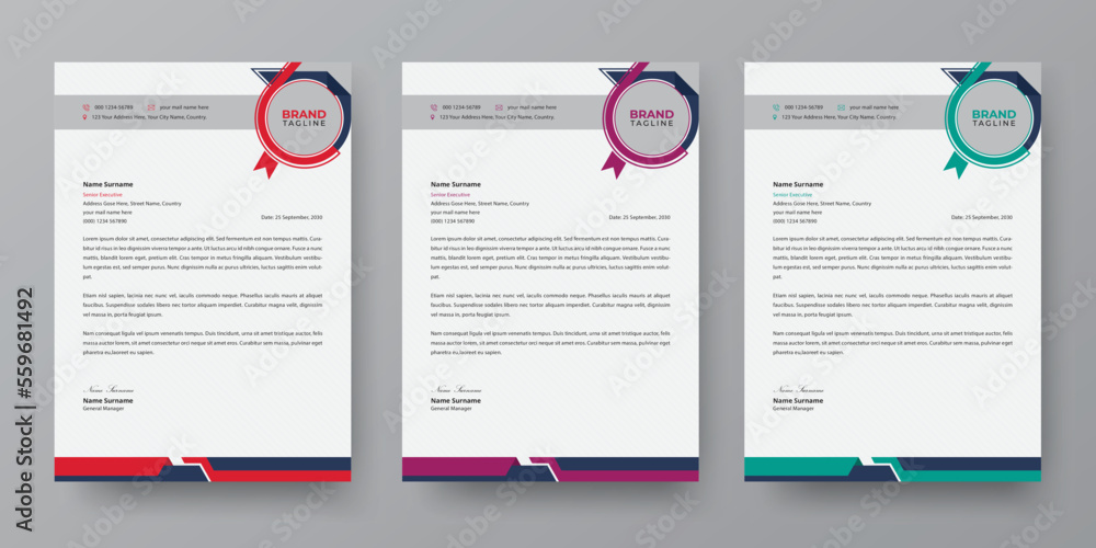 Modern business letterhead, stationery and brand identity template design with 3 color variation