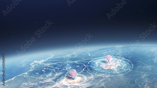 Nuclear explosions and mushroom clouds from outer space view, 
nuclear war or World War III, apocalypse concept, from earth outer space view,2023
