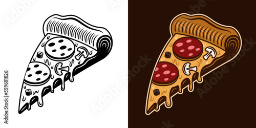 Pizza slice vector object in two styles monochrome and colorful illustration