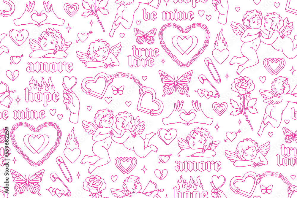 Tattoo art 1990s-2000s seamless pattern. Love concept. Happy valentines day. Heart, angel, cupid, butterfly, rose in trendy retro style. Vector hand drawn tattoo background. Black, pink, white colors. Tattoo art 1990s-2000s seamless pattern. Love concept. Happy valentines day. Heart, angel, cupid, butterfly, rose in trendy retro style. Vector hand drawn tattoo background. Black, pink, white colors.