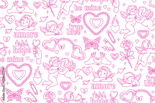 Tattoo art 1990s-2000s seamless pattern. Love concept. Happy valentines day. Heart, angel, cupid, butterfly, rose in trendy retro style. Vector hand drawn tattoo background. Black, pink, white colors. photo