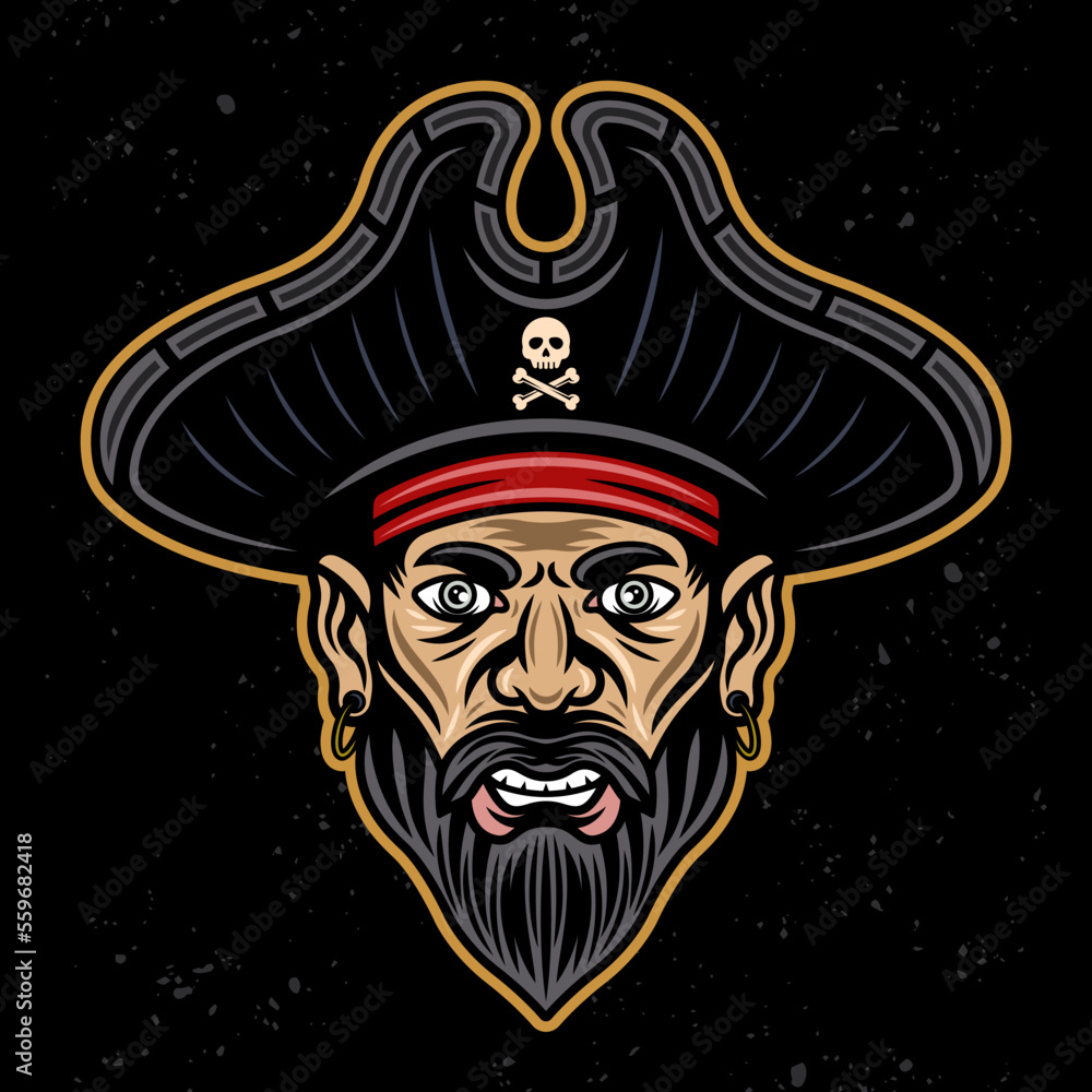 Pirate head with beard vector illustration in colorful cartoon style isolated on dark background