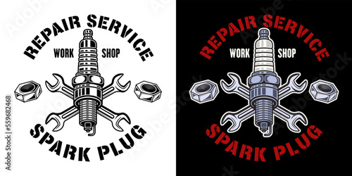 Spark plug and wrenches vector emblem, logo, badge, label, sticker in two styles black on white and colorful on dark background