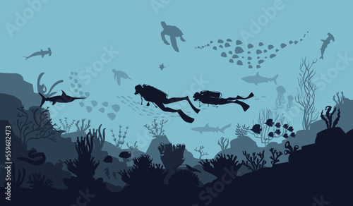 silhouette of coral reef with fish on blue sea background underwater vector illustration   © Background_GG