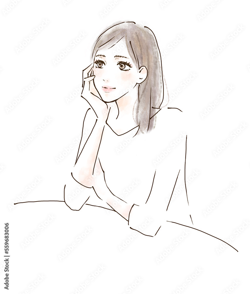 頬杖をつく女性 考えるポーズのイラスト 笑顔