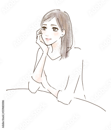Obraz na płótnie 頬杖をつく女性 考えるポーズのイラスト 笑顔 w salonie