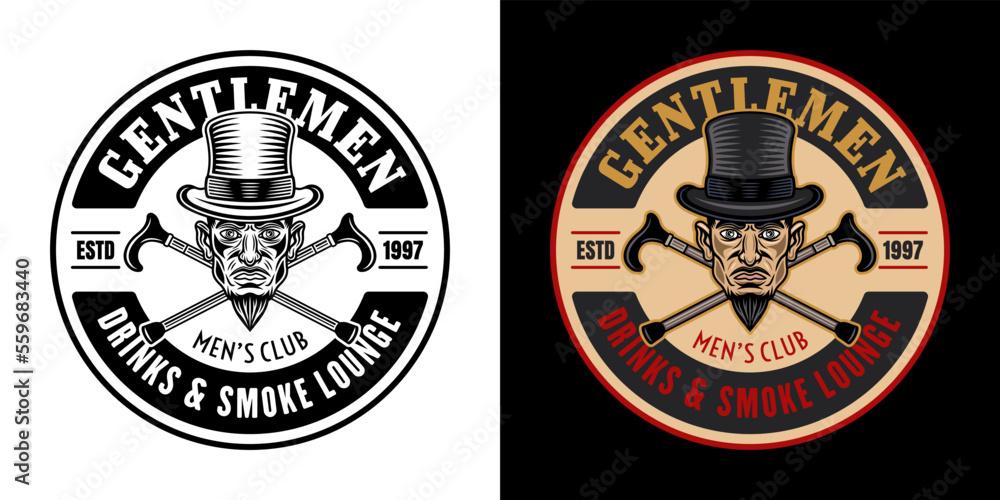 Gentlemen club vector round emblem, logo, badge or label in two styles black on white and colored on dark background