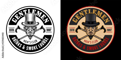 Gentlemen club vector round emblem, logo, badge or label in two styles black on white and colored on dark background