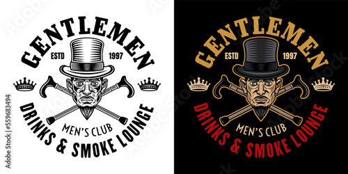 Gentlemen club vector emblem, logo, badge or label in two styles black on white and colored on dark background