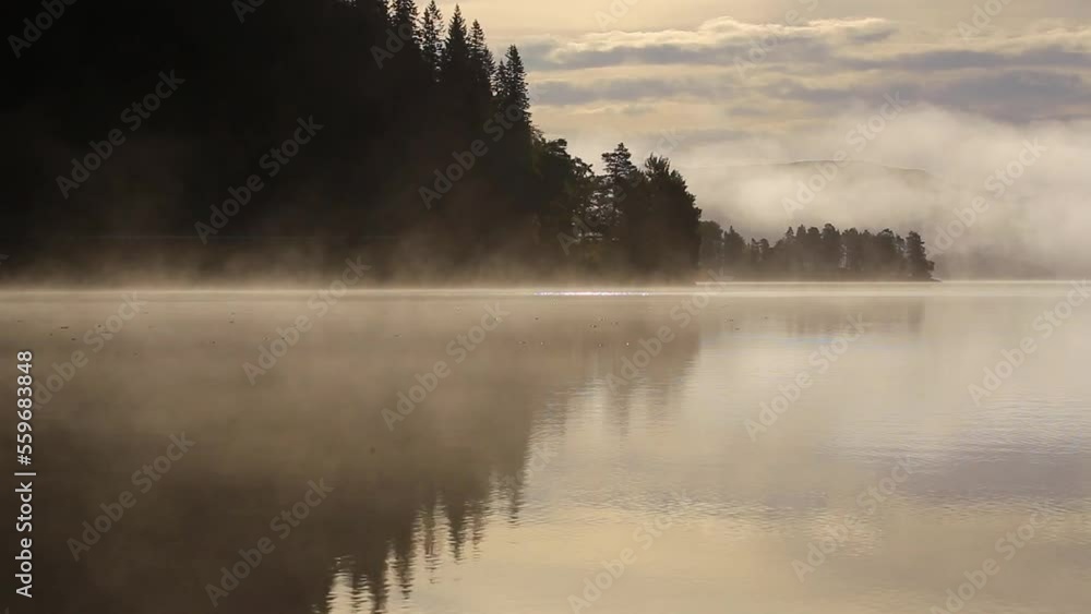 Cold autumnal morning by the lake. Misty and peaceful mood. Flowing fog above the lake surface. Cold autumnal morning by the lake. Misty and peaceful mood. Flowing fog above the lake surface.