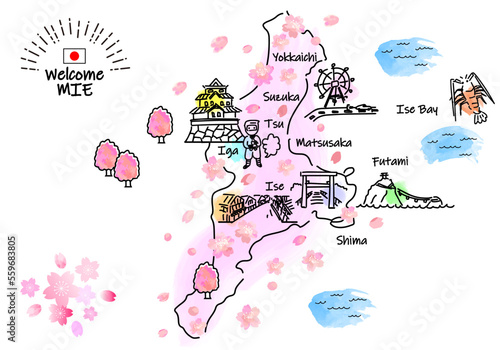 春の三重県の観光地のシンプル線画イラストマップ（ピンク）