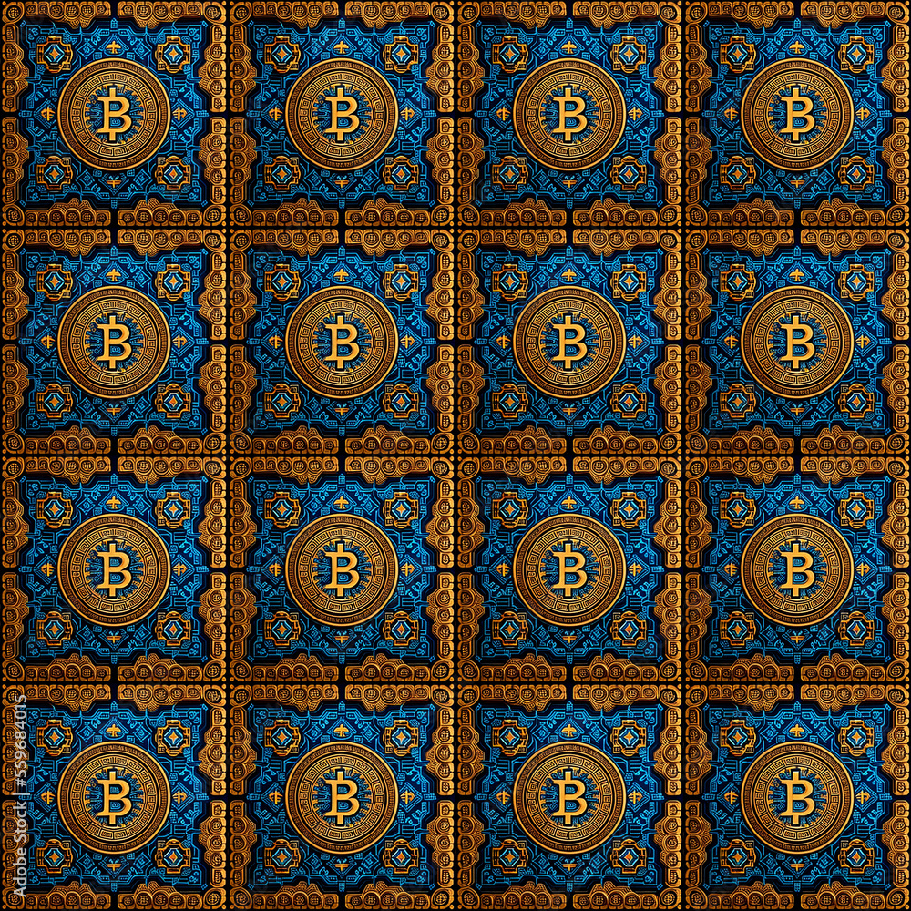 Modern bitcoin logo tiles in a repeating pattern.