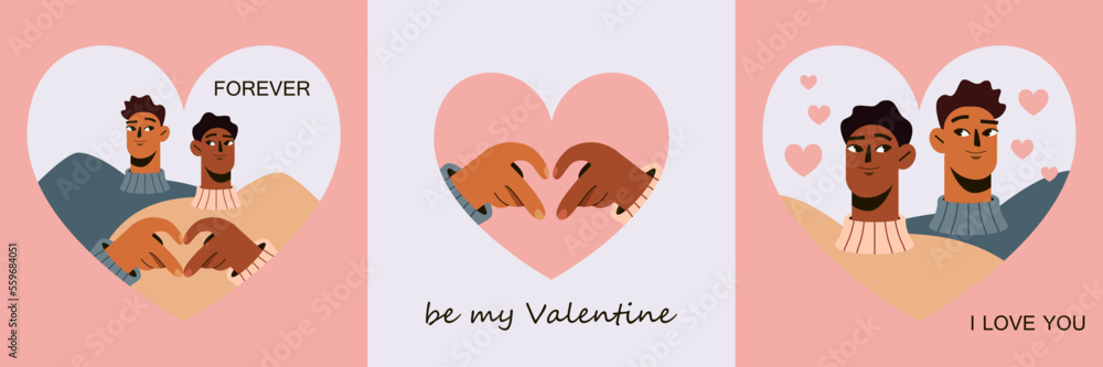valentine's day greeting card set, couple of people in love, heart shaped hand gesture, flat modern design style valentine's day greeting card set, couple of people in love, heart shaped hand gesture, flat modern design style