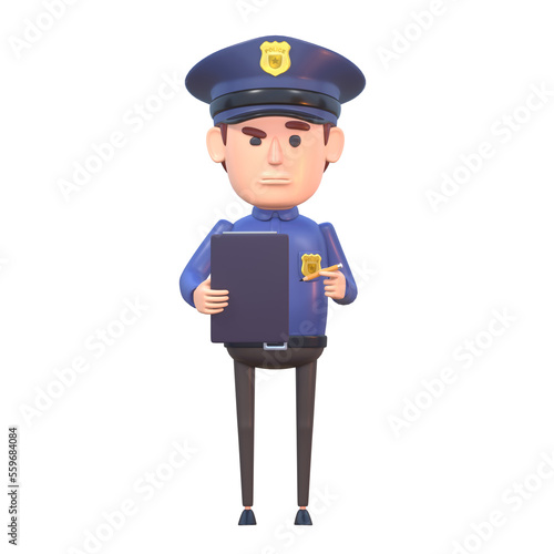3d render of cartoon policeman holding clipboard