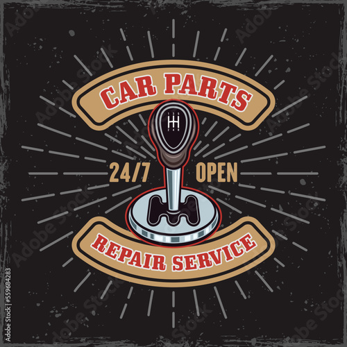 Car repair service vector vintage emblem, logo, label, badge with car transmission, gear lever stick on dark background with grunge textures