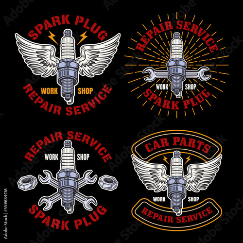Car repair service, spark plug with wings set of four vector emblems, logos, badges, labels, stickers in colored vintage style on dark background