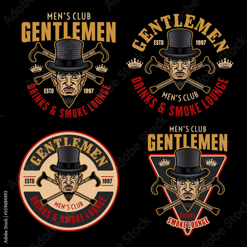 Gentlemen club vector set of emblems, logos, badges or labels in cartoon colored style on dark background