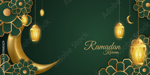 3D Ramadan decoration on green and gold. Islamic header or horizontal banner luxury look. Special day of ramadan, eid mubarak with lantern and a flower