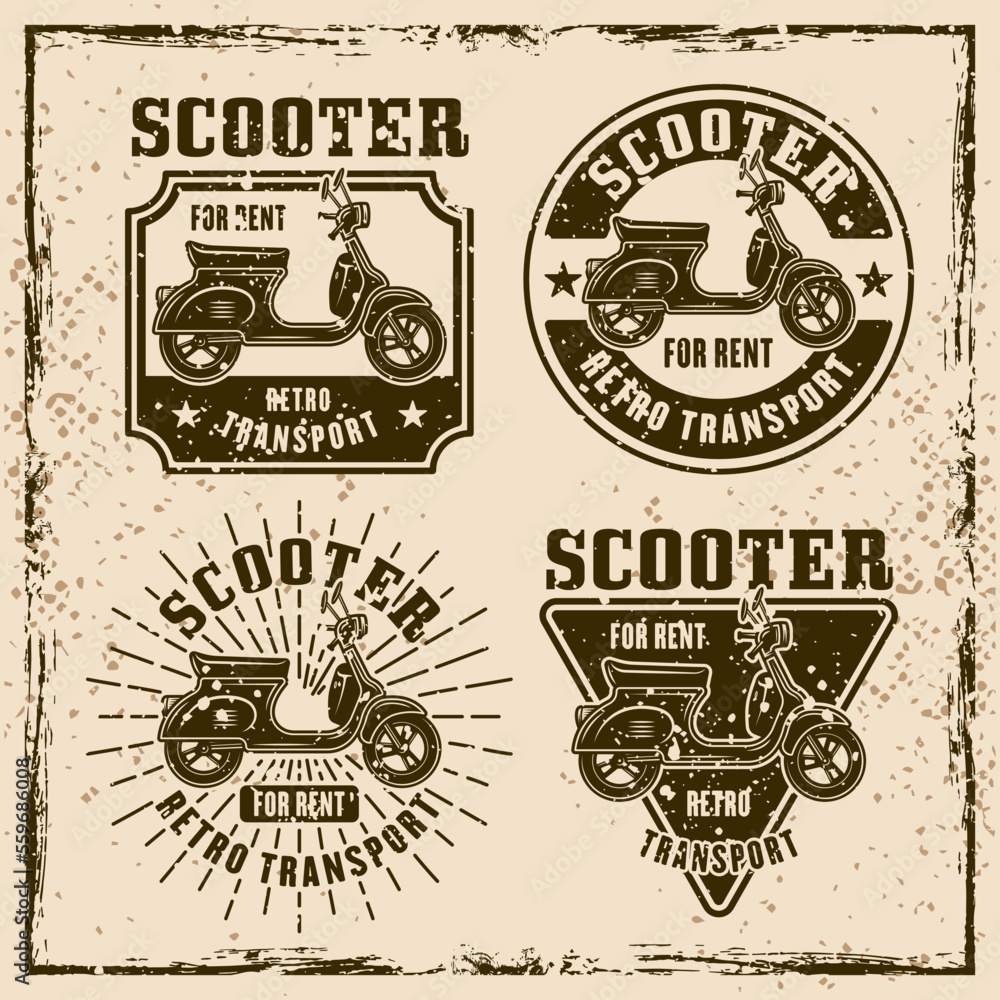 Fototapeta premium Scooter for rent set of vector emblems, logos, badges or labels in vintage style on background with grunge textures