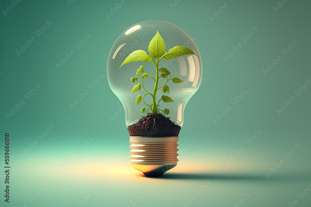 Small plant growing inside a lightbulb. Light Bulb with sprout inside