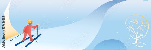 Elderly winter sport web banner template. Vector Illustration. Iandscape morning walk. Grandmother