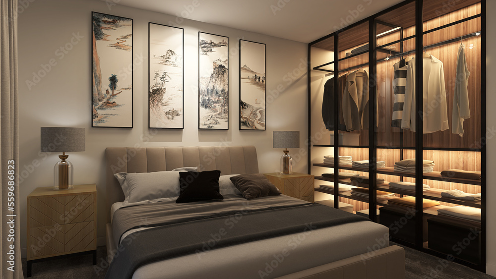 Sypialnia z podświetlaną garderobą - obrazy, fototapety, plakaty 