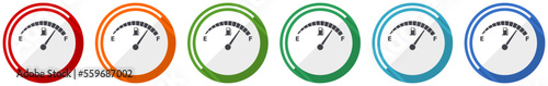 Fuel gauge, car petrol dashboard icon set, flat design vector illustration in 6 colors options for webdesign and mobile applications