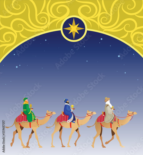 Epiphany celebration flat vector illustration. The Three Wise Men or Three Kings or biblical Magi riding camels. Melchior, Caspar and Balthazar following the star of Bethlehem. Episode from the Bible.
