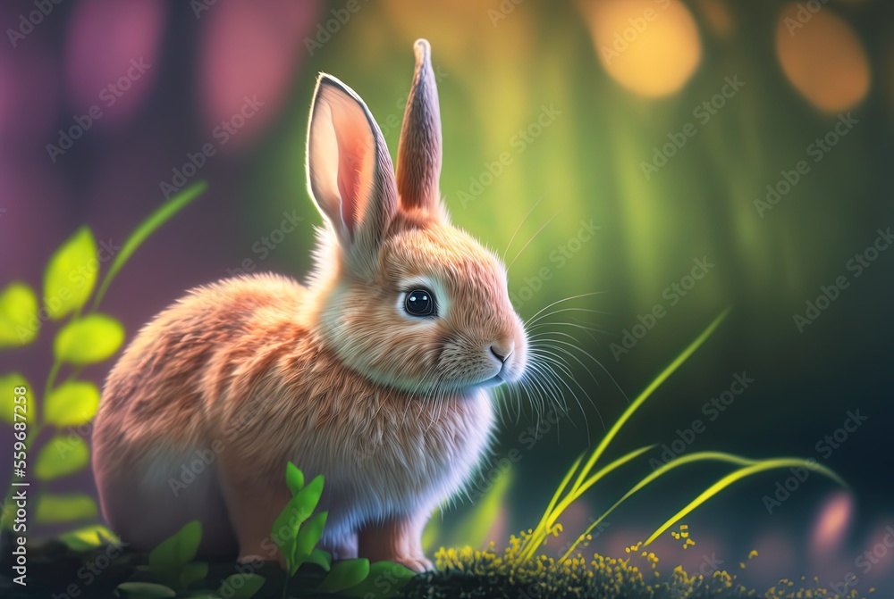 Fototapeta premium illustration of cute pointy ears rabbit with blur nature background with sunlight