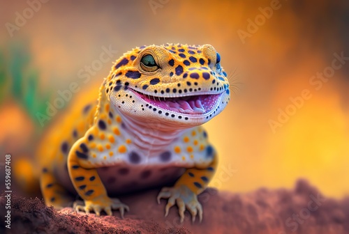 illustration close-up of cute exotic pet leopard gecko with blur nature background, smiley face